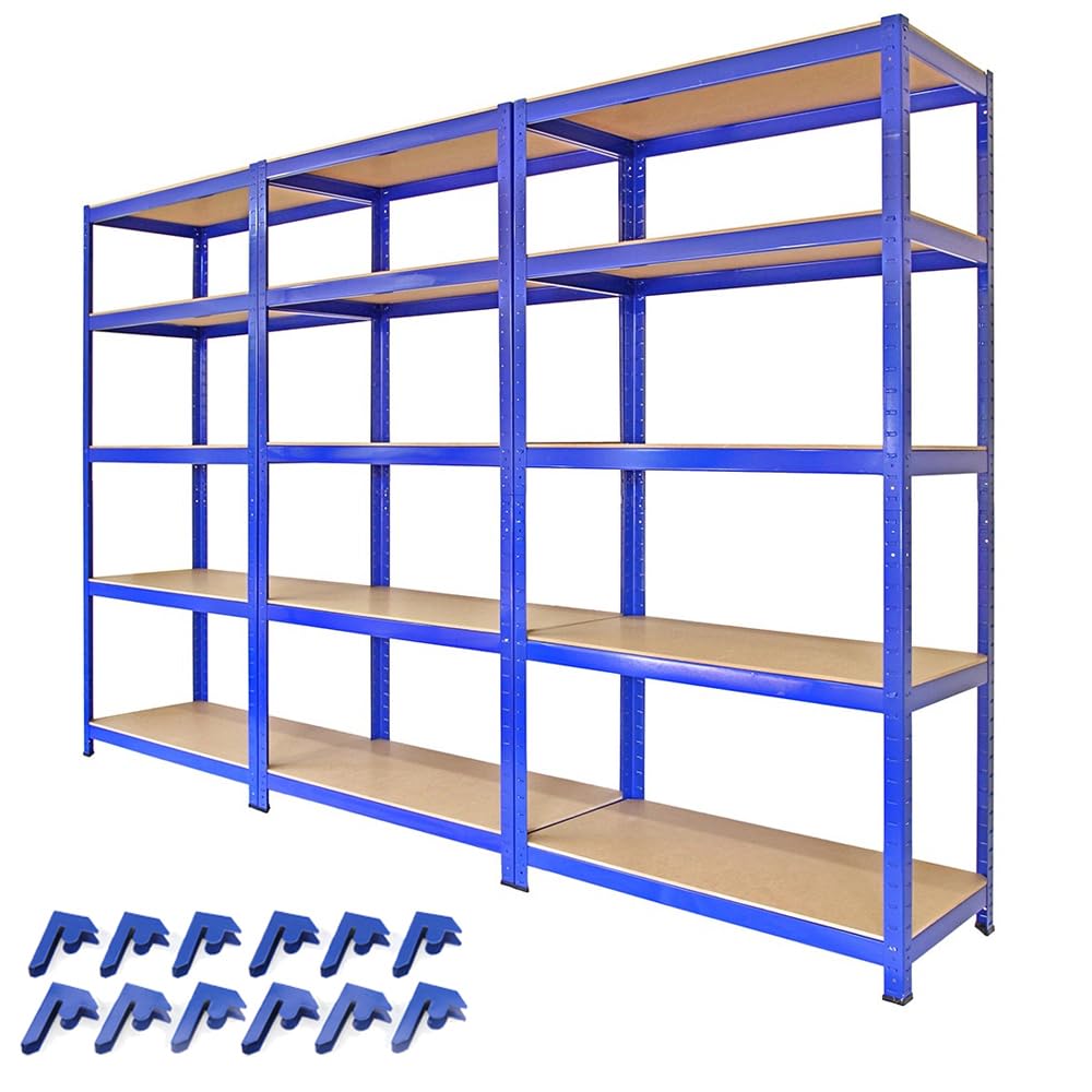 Monster Racking Blue 3 X Racking Shelving Unit Warehouse Storage Compartments Shed Garage Shelving Utility Storage Metal Units With Rubber Mallet & Bay Connecters 280Kg Load Per Shelf., 180Cm X 90Cm X 45Cm