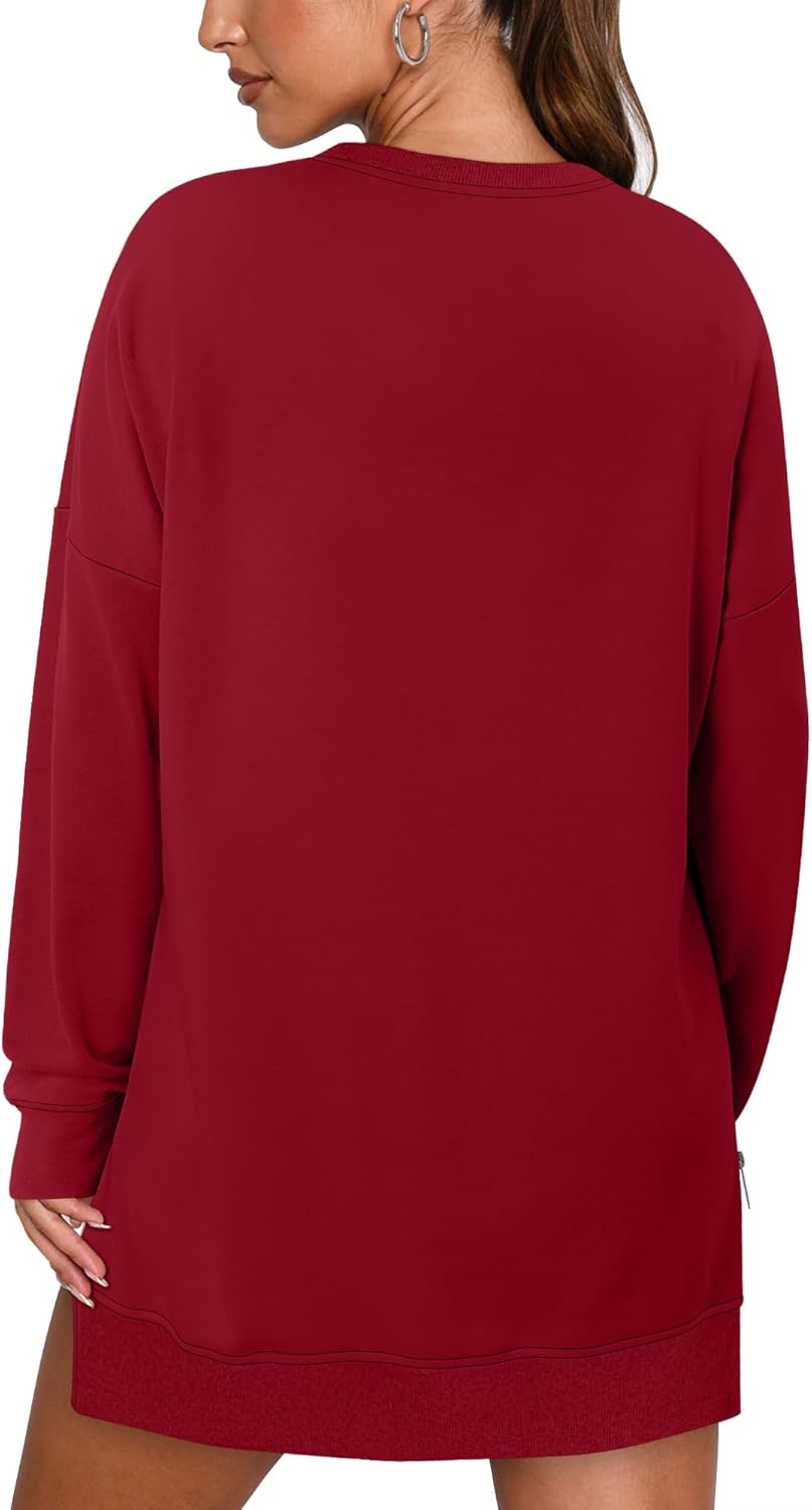 CHICZONE Crew Neck Oversized Sweatshirt Zipper Slit Long Sleeve Pullover for Women 2025 Trendy Fall Clothes