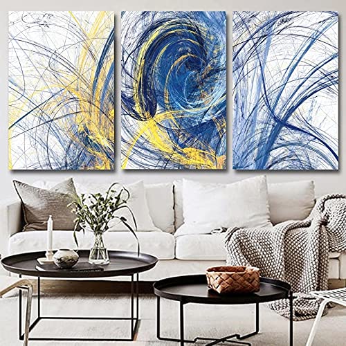 Affiche Toile Jaune Bleu 60x90cm x3 Géométrique Triptyque Salon - 3