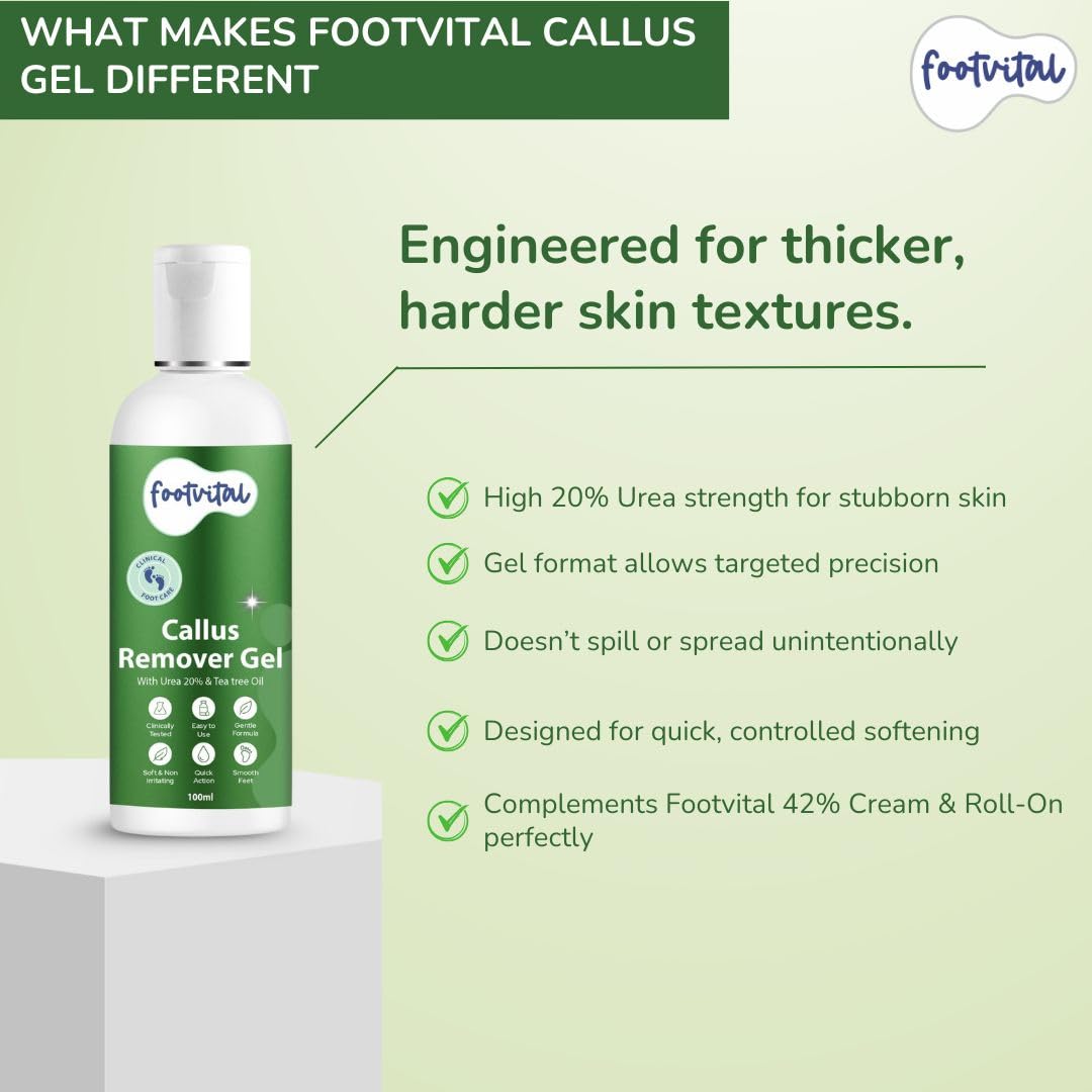 Footvital Callus Remover Gel 100ml | 20% Urea & Tea Tree Oil | targeted callus & dead skin removal for heels & soles | gentle skin softening formula | clinically tested | for men & women 4
