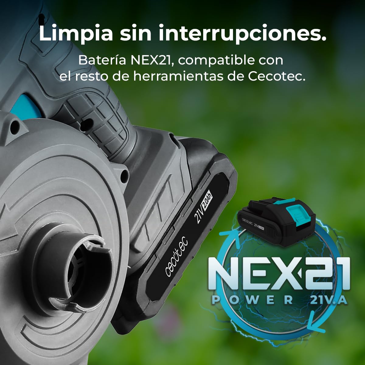 Cecotec Soplador de Hojas a Batería 21V Airforce 2120 FreeMove. Velocidad hasta 200km/h, Ligero, Incluye Dos Tubos Intercambiables para Alcance Largo o Corto, Dos Boquillas y Bolsa