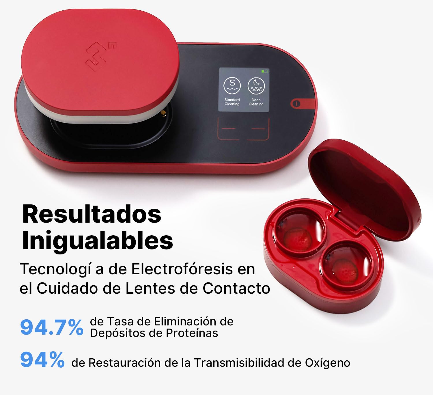 3N Limpiador de Lentes de Contacto ReO2, Tecnología de Electroforesis, Aprobación FDA 510K, con Espejo y Pinza, Limpieza Profunda de Lentes Suaves y de Contacto de Color (Rojo)