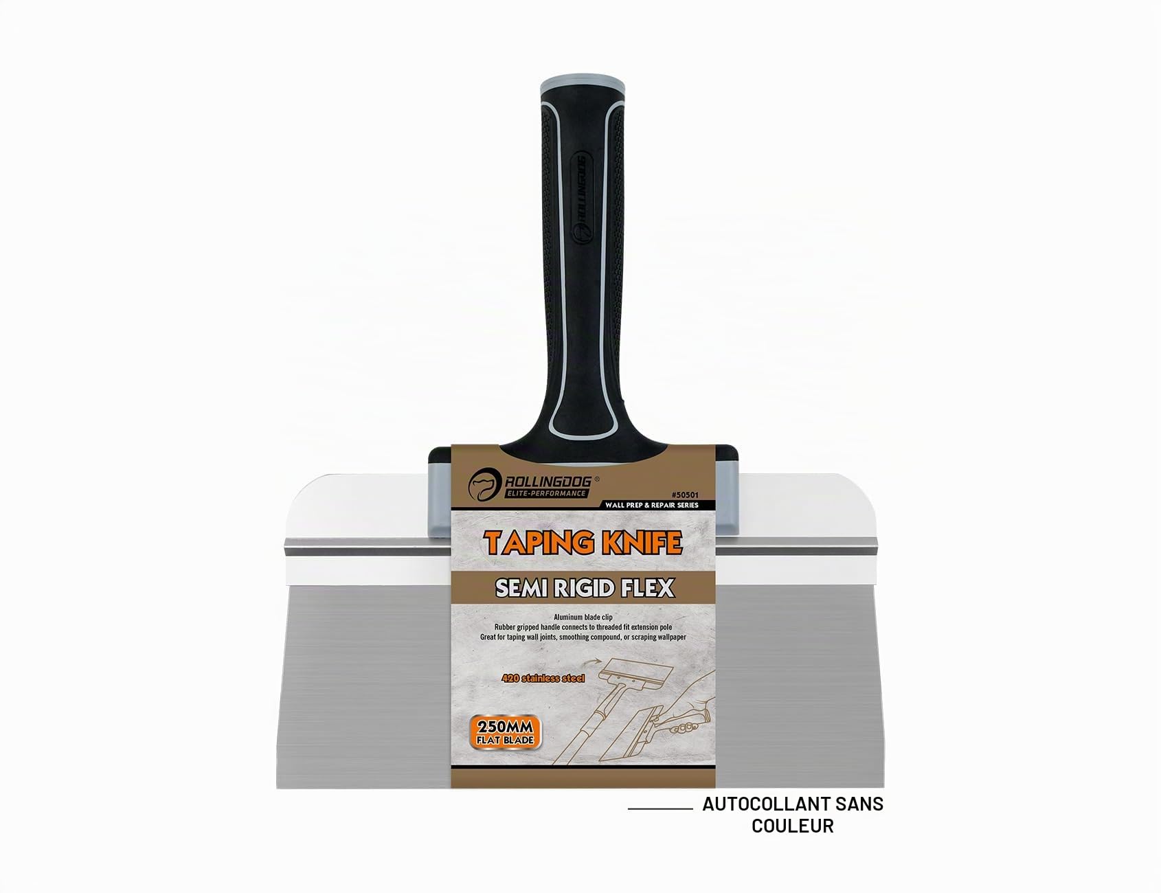 ROLLINGDOG Spatule de surface de 250 mm – Spatule large pour cloison sèche, idéale pour le masquage et le lissage, lame en acier inoxydable, poignée en caoutchouc confortable