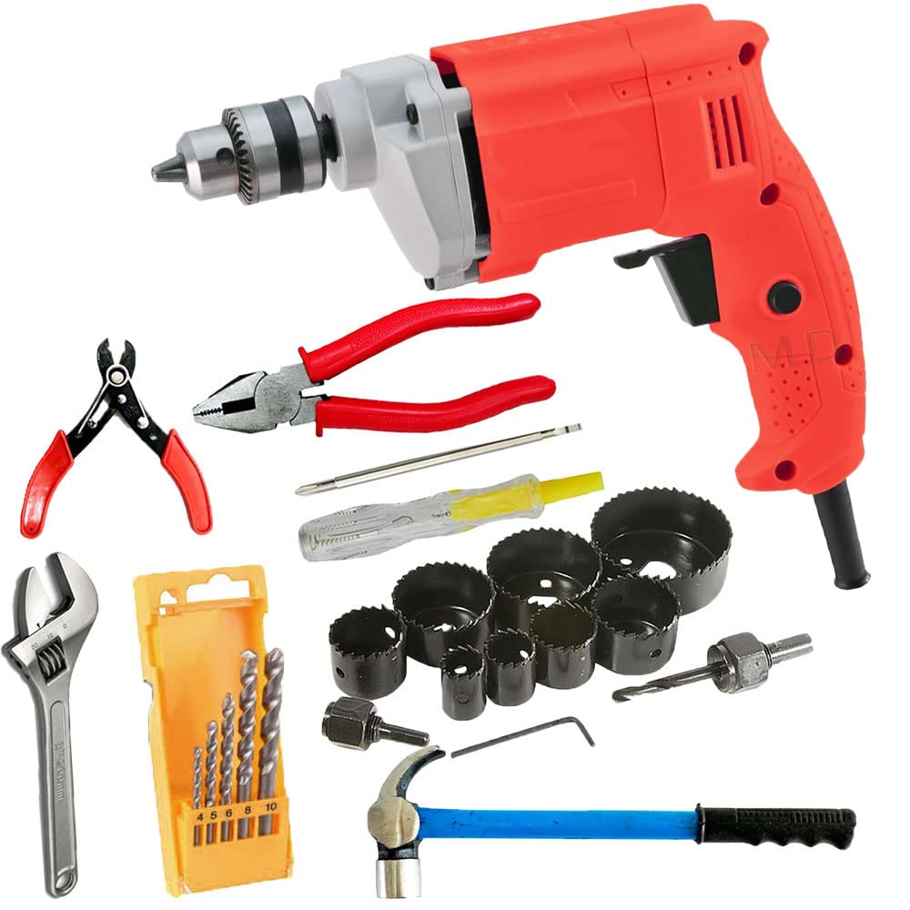 10mm Impact Drill Machine reverse forward rotation drilling machine With 5 Pcs HSS Drill Bit,Plier,tester,wrench,cutter,hammer,11 Pcs Hole saw cutter for Home Use (B0B4G99DNJ) Amazon Price History, Amazon Price Tracker