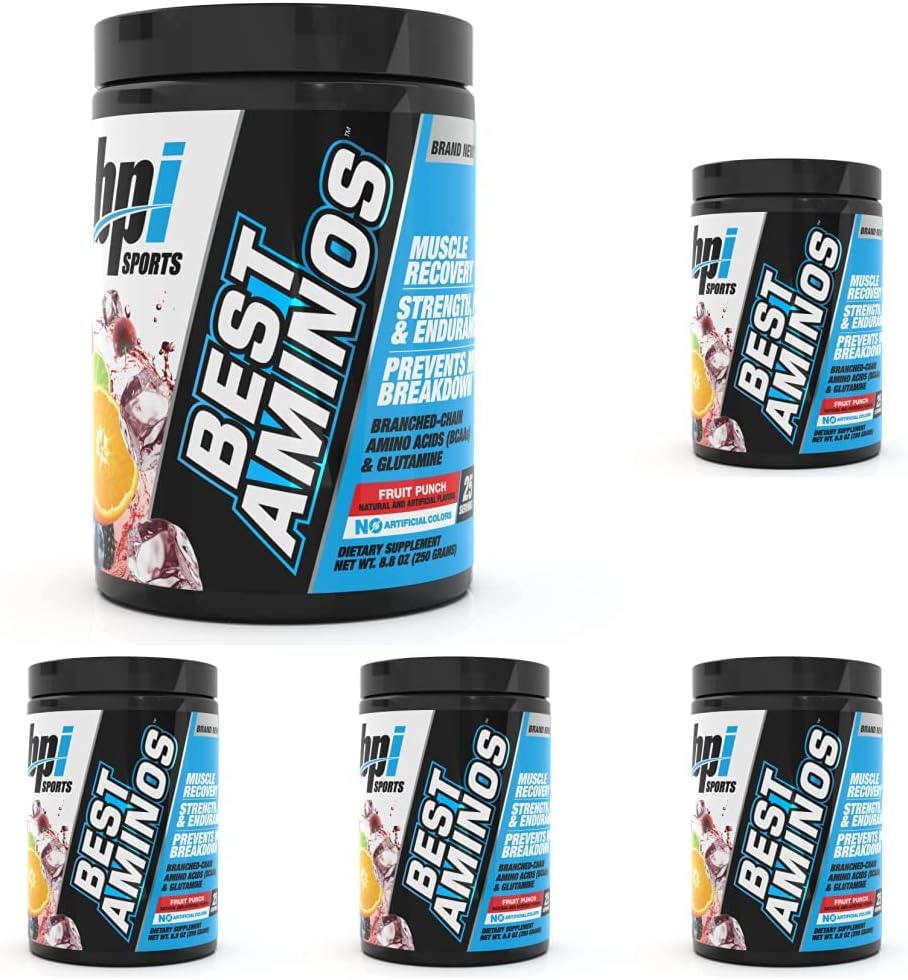 BPI Sports Best Aminos - BCAA Powder Post Workout & Glutamine Recovery Drink with Branched Chain Amino Acids for Hydration & Recovery, for Men & Women - Fruit Punch - 25 Servings (Pack of 5)