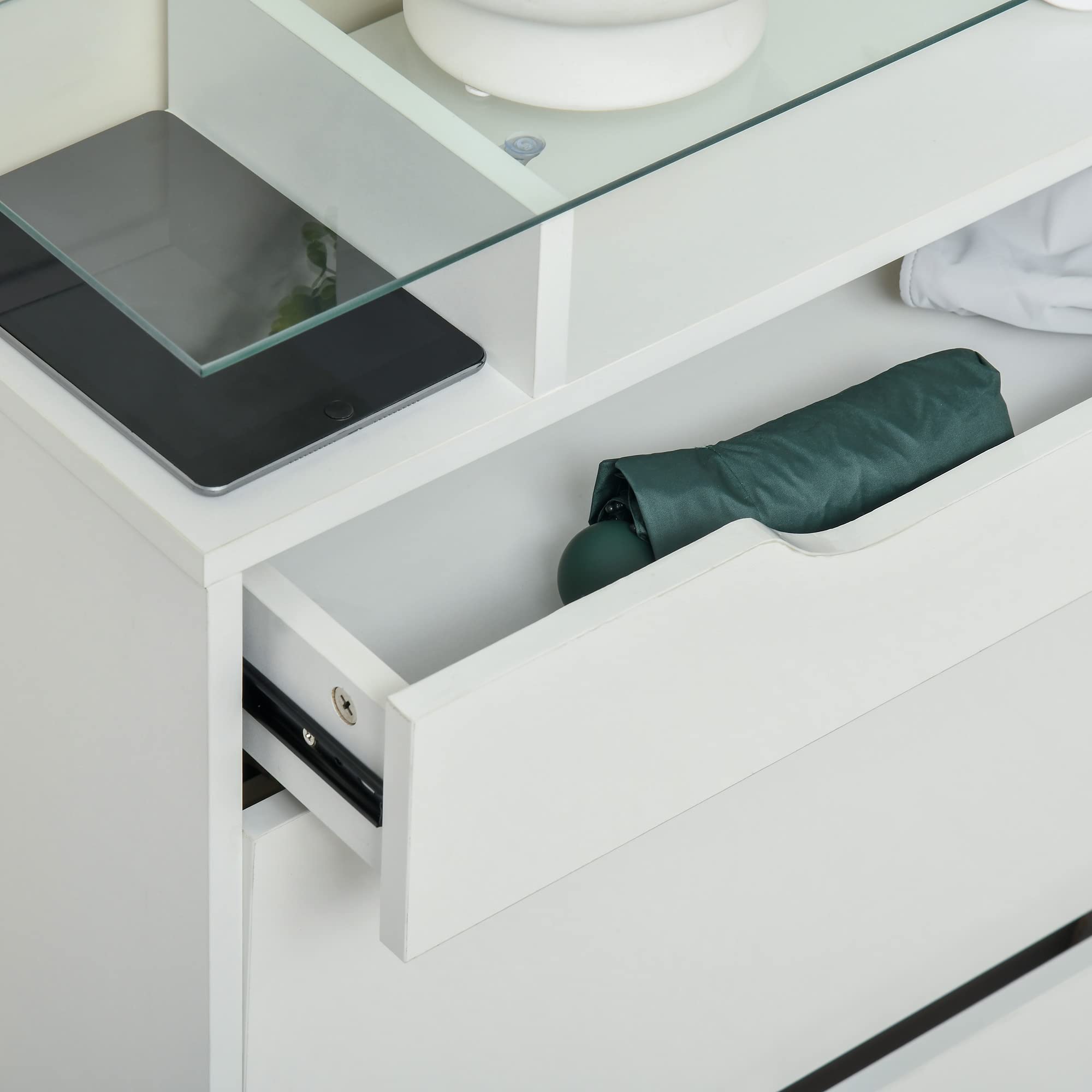 HOMCOM Mueble Zapatero de 2 Puertas Zapatero Estrecho para 16 Pares de Zapatos con Cajón Estante Abierto y Encimera de Vidrio para Pasillo Entrada 89x23x96 cm Blanco