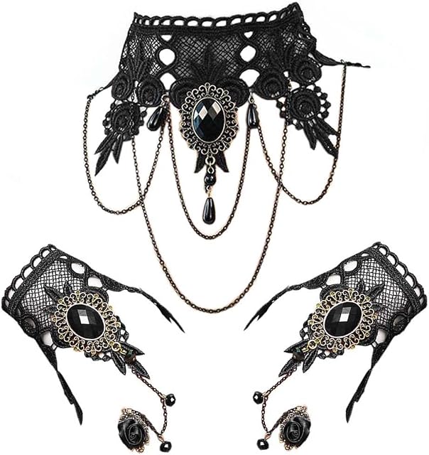 Daimay Black Choker Lace Necklace with Bracelet Set Punk Party Gothic Vintage Handmade Lolita Retro Bracelet Wristband for Women