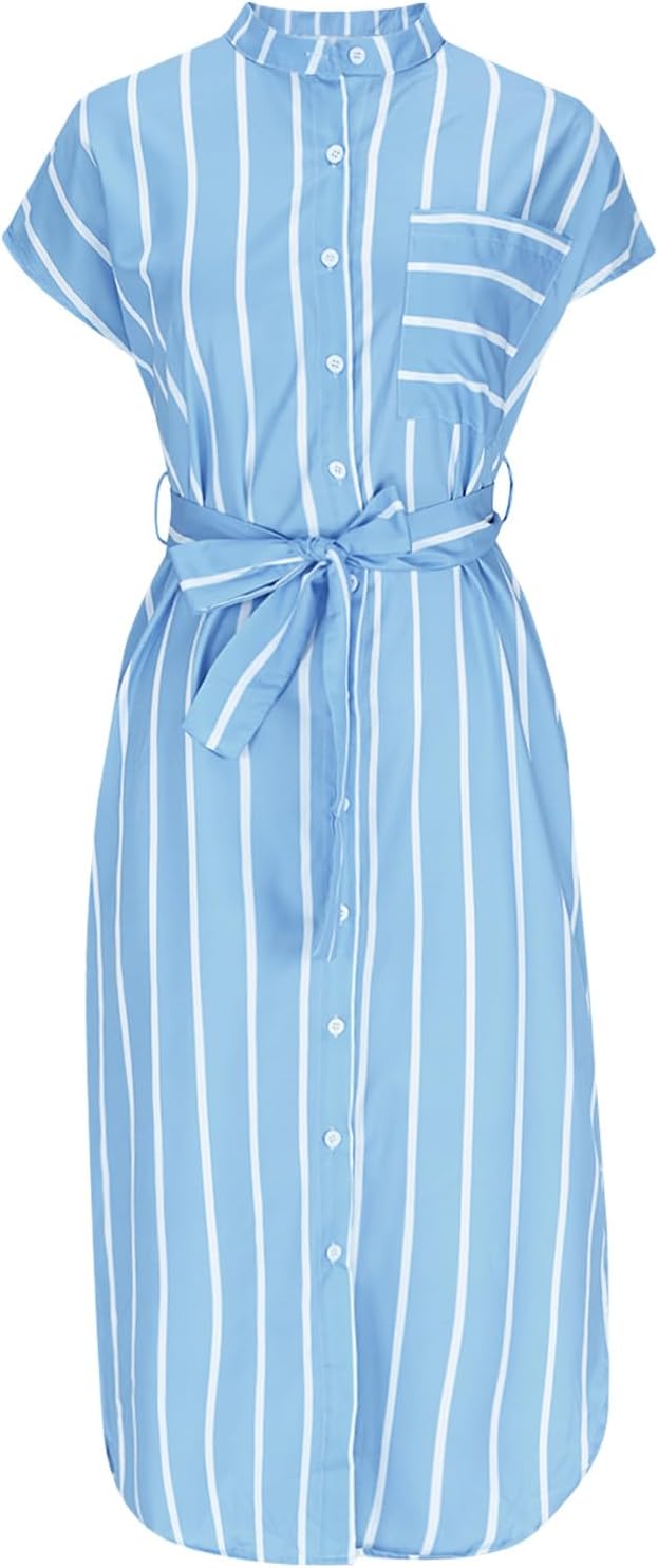 JOAU Womens Button Shirt Dresses with Pockets Casual Striped Lapel Collar Short Sleeve Side Slit Belted Midi Dress Cover Up
