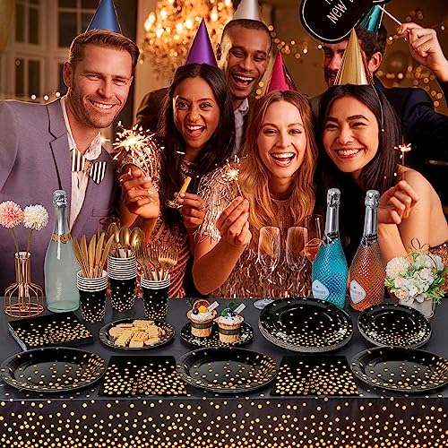 Black Gold Party Tableware,Serves 24 Black and Gold Dot Paper Party Tableware Set - Paper Plates and Cups Napkins Tablecloth etc - Image 4