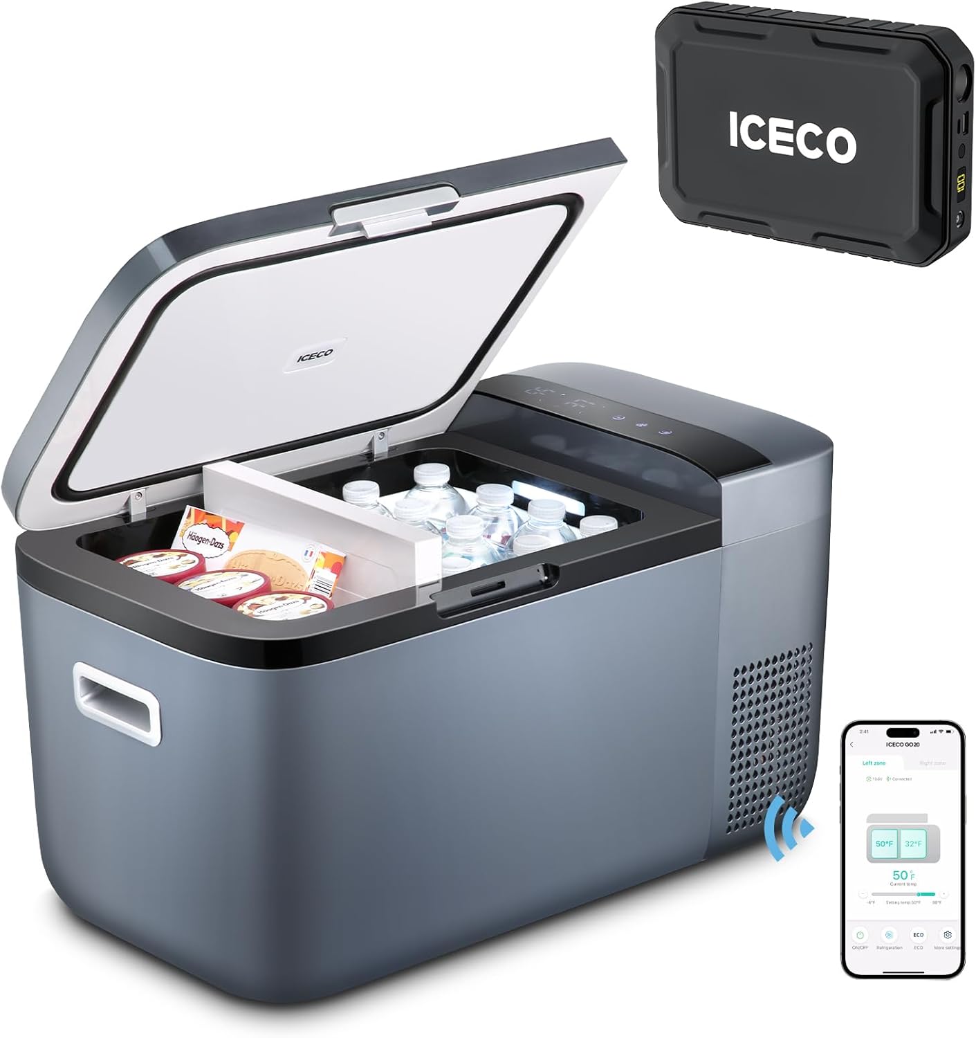 ICECO GO20 Portable Refrigerator, Dual Zone 12 Volt Fridge With APP Control, 21Quart Car Fridge Powered by SECOP, 0℉～50℉, AC/DC, For RV, Car, Truck (GO20 Grey+Battery)