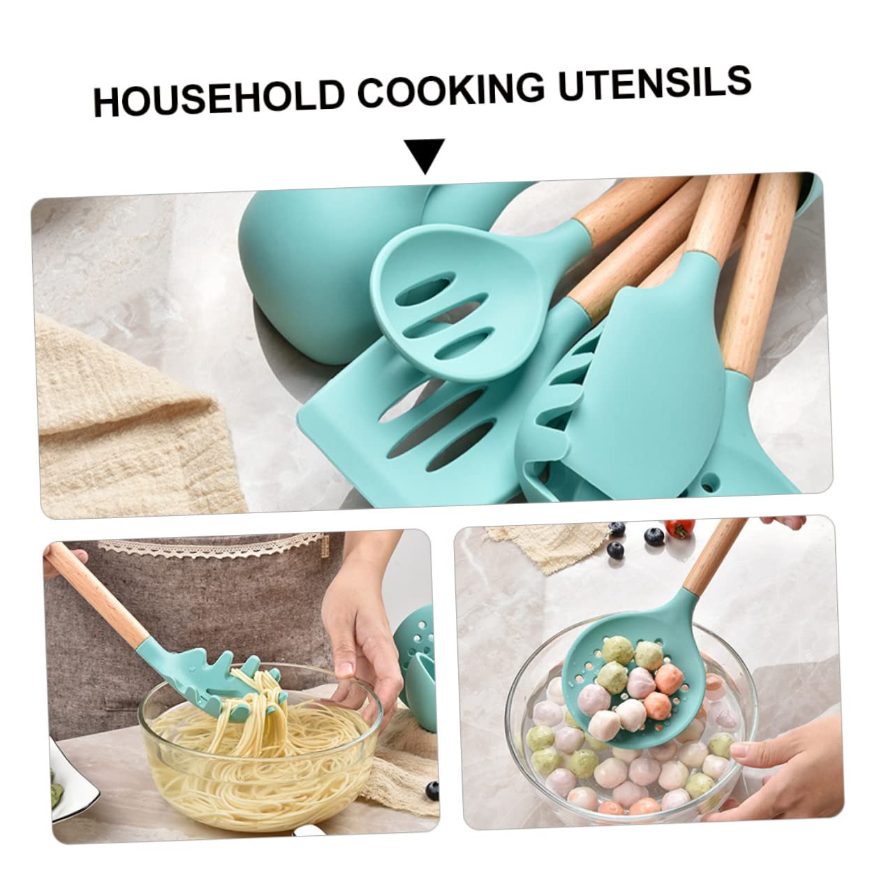 VALICLUD Ustensiles de Cuisine avec Boîte de Rangement Incluse Poignées Bois Confortables et Antiadhésifs
