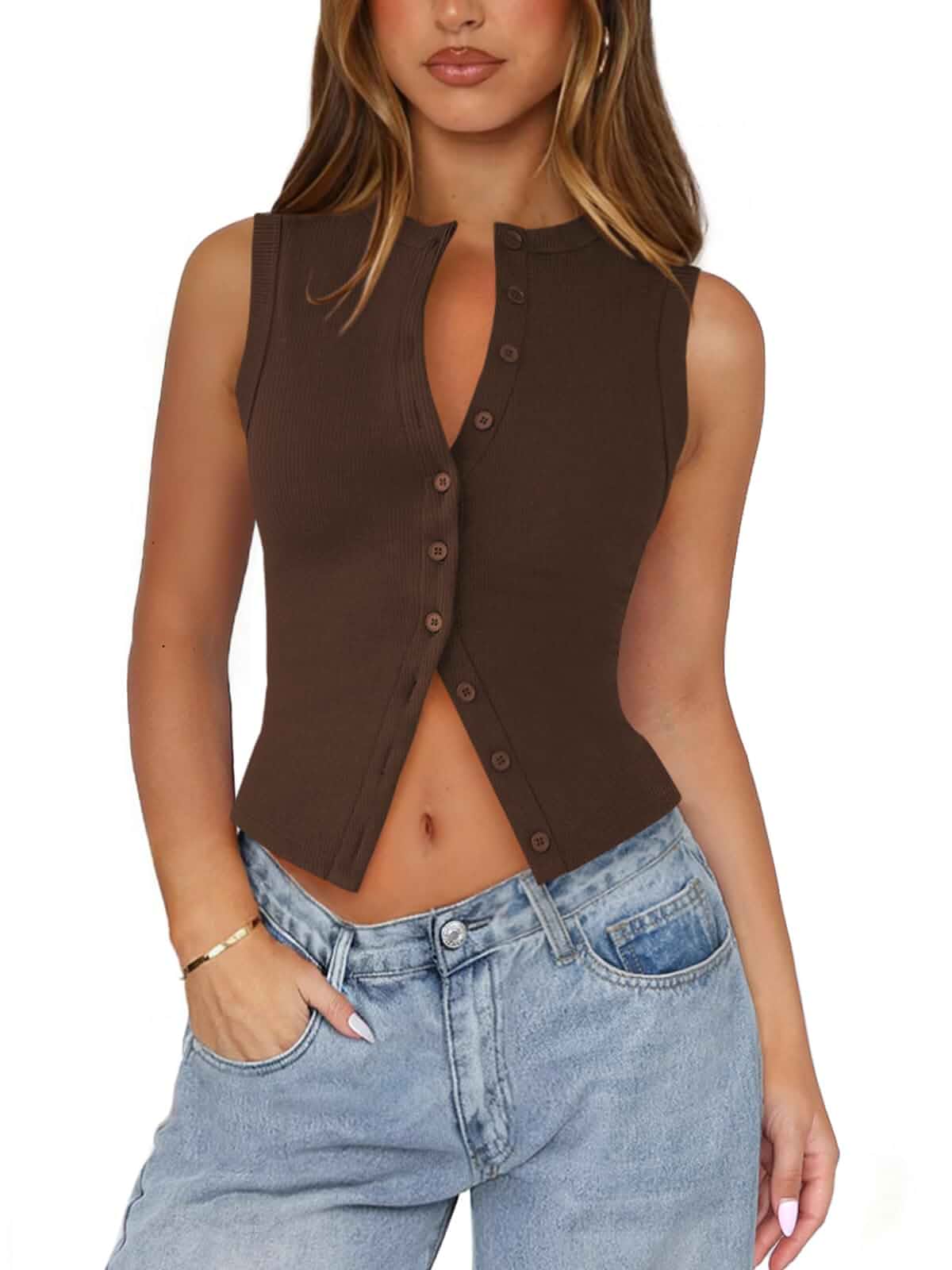 Ribbed Button Down Tank Tops for Women Going Out Top Knit,Crewneck,Sleeveless,Cropped,Slim,Button Up Shirt,Trendy Sexy Casual,Vacation,Fitted Vest Women Summer Outfits.