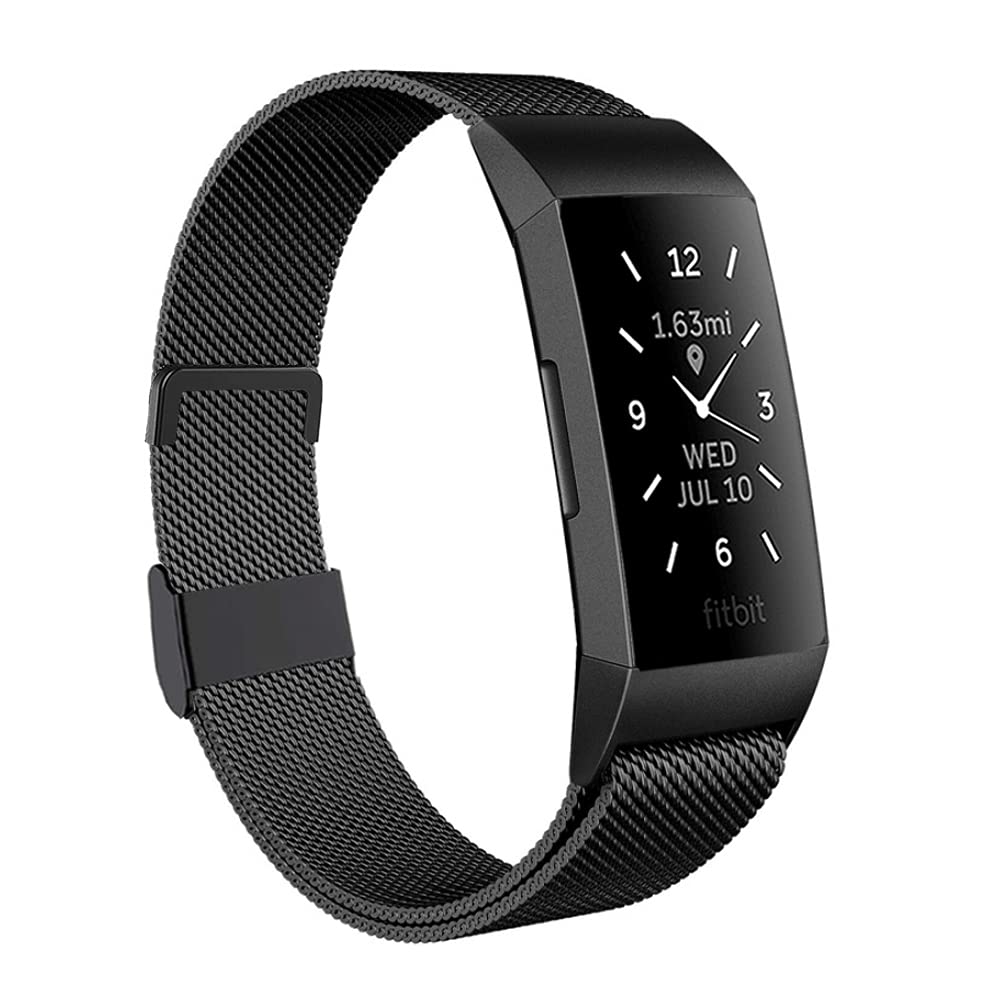Moydolo Compatible with Fitbit Charge 3 Strap/Fitbit Charge 4 Strap, Men Women Stainless Steel Metal Adjustable Magnetic Lock Loop Mesh Replacement Band for Charge3/Charge 4/Charge 3 SE, Small Black