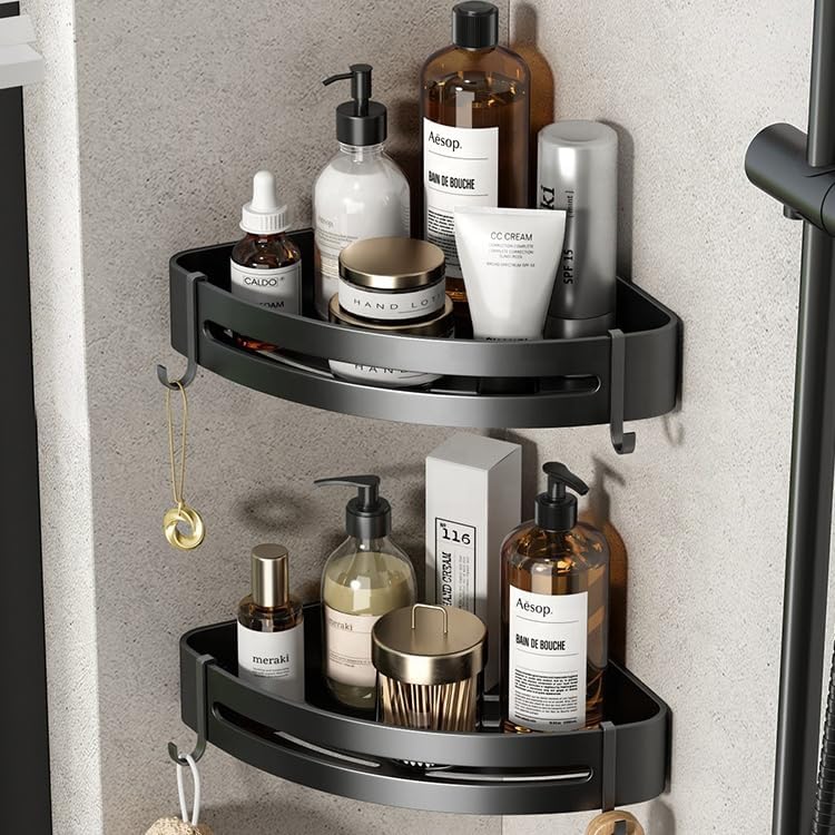 Miniatura 5 de QBB Organizador de ducha de aluminio de lujo organizador de ducha de esquina con ganchos extraíbles, no necesita taladrar (paquete de 2, negro)