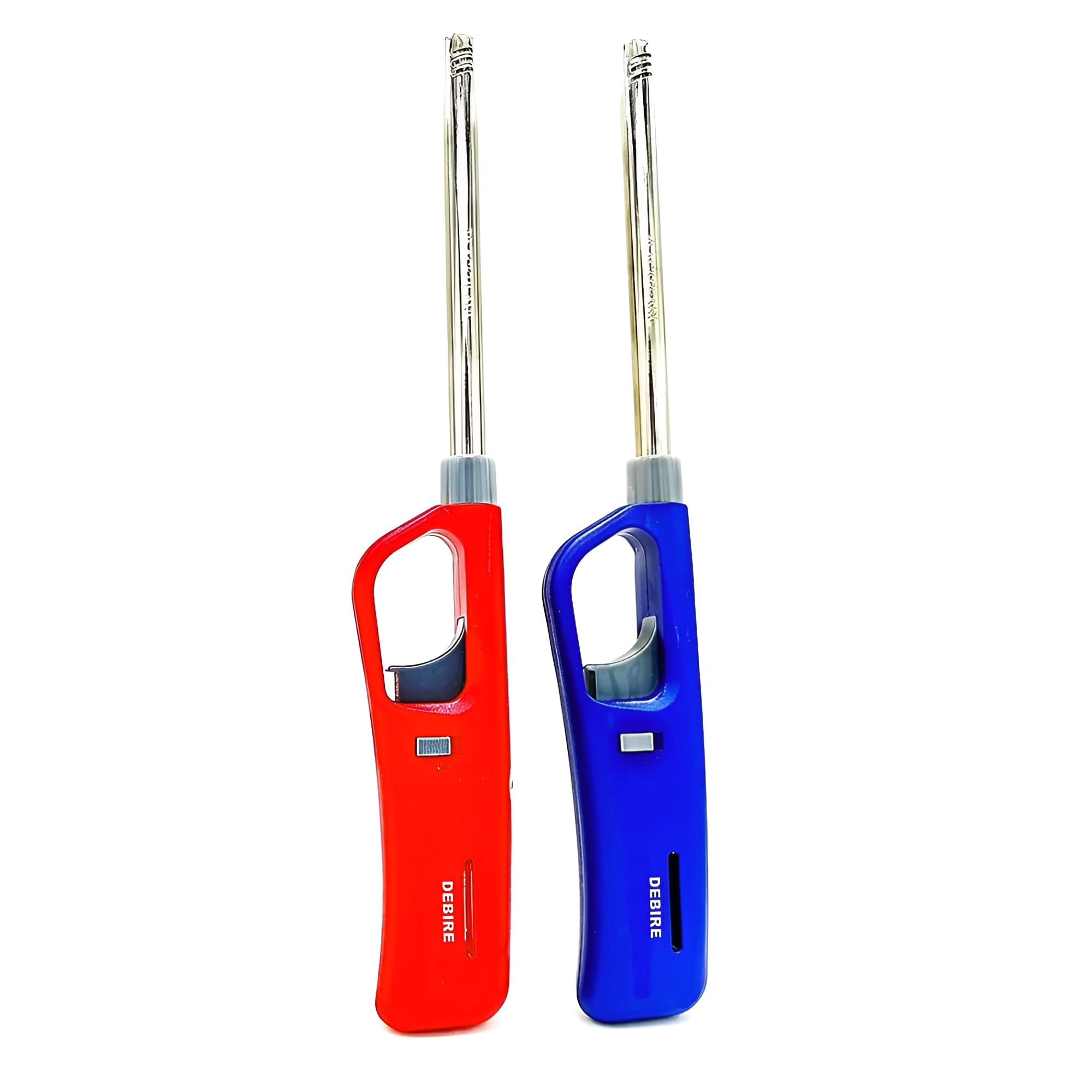 DEBIRE Gas Lighter for Kitchen, Candle Lighting, Refillable and Flame Adjustable Lighter for Gas Stove, Built-in Safety Lock, Multicolored Liter (Red-Blue, Pack of 2)