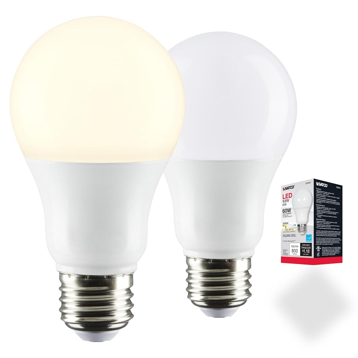 Satco LED Light Bulbs 9.8 Watt A19 Omni-Directional 3000K Soft White Medium