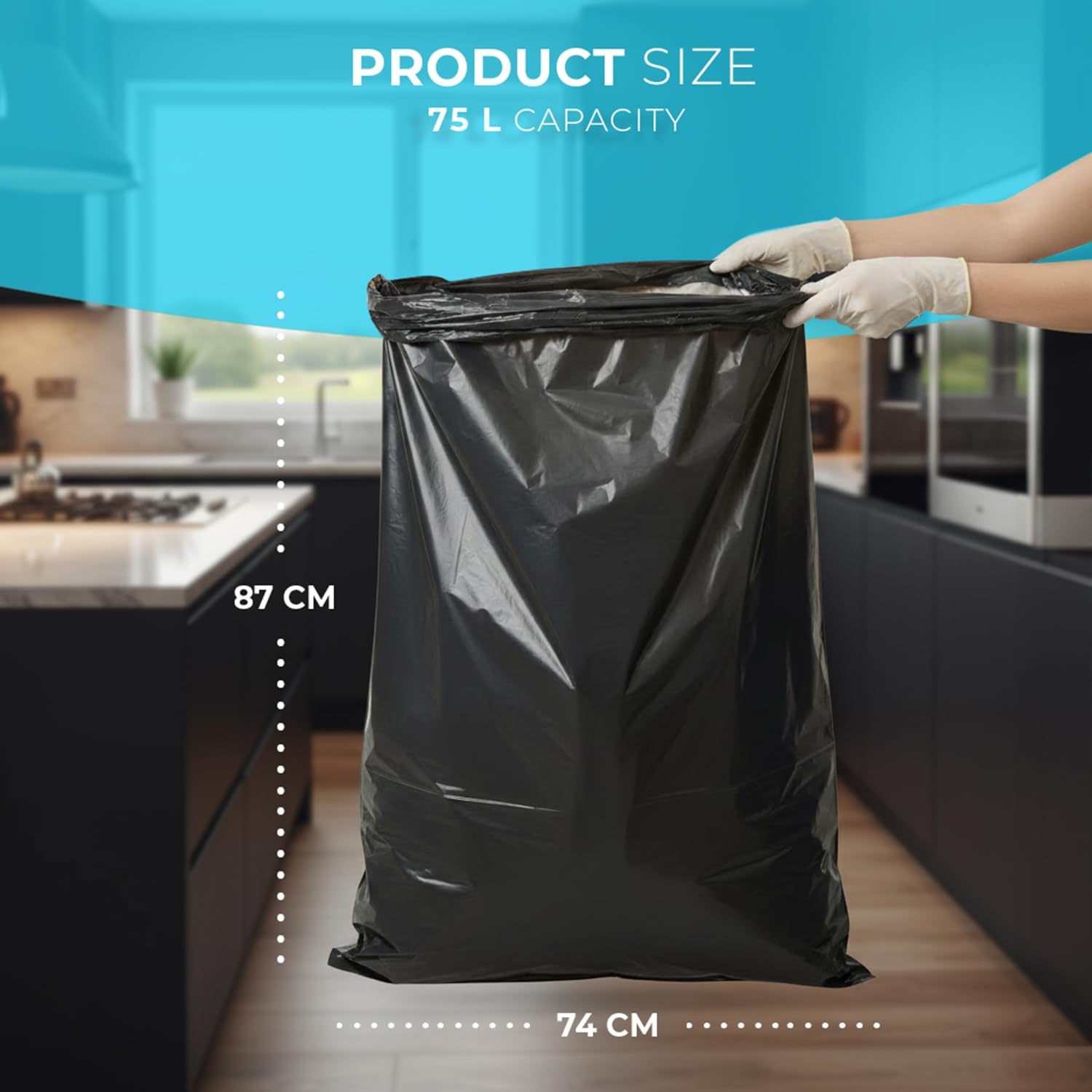 Roe Tenpo Paquete de 400 bolsas de basura negras de 75 litros, bolsas de basura de 30 micras, extrafuertes, ecológicas, resistentes a fugas, perfectas para el hogar, oficina, bricolaje y jardín