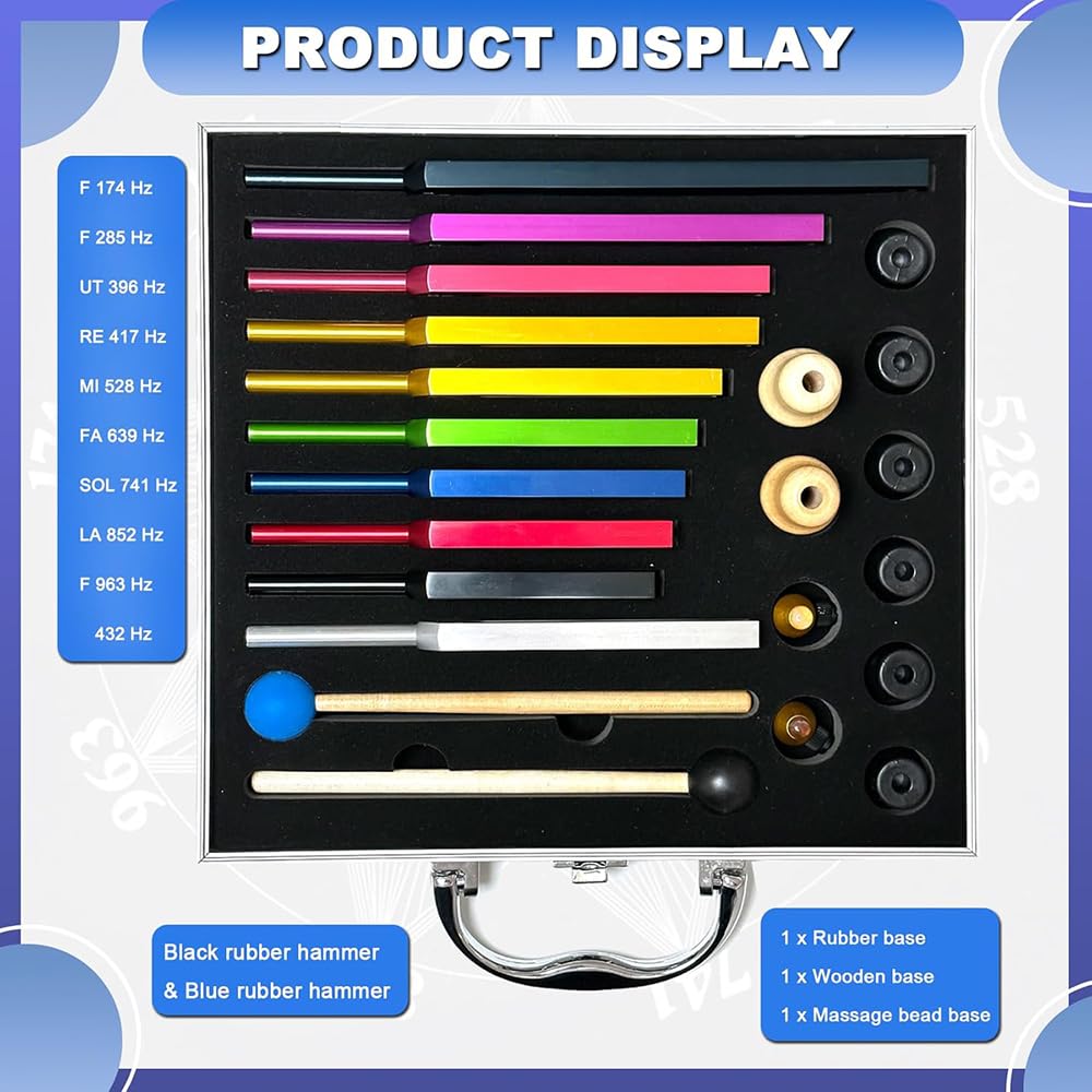 NEWFUN Stimmgabel,Stimmgabel Neurologie,10er Set (174 Hz, 285 Hz, 396 Hz, 417 Hz, 432 Hz, 528 Hz, 639 Hz, 741 Hz, 852 Hz, and 963 Hz), für Klangtherapie Gewichtete Stimmgabel Geeignet Meditation