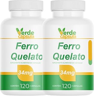 Kit 2 Ferro Quelato 34mg 240 Cápsulas - Bisglicinato Ferroso - Suplemento Alimentar em Cápsulas - Verde Cápsula