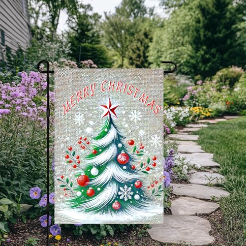 Image of BlissYard Christmas Garden Flag 12x18 Inch Tree Red Berries Yard Decor | Double sided polyester, tree red berries design, classic holiday home decor for Christmas porch and yard