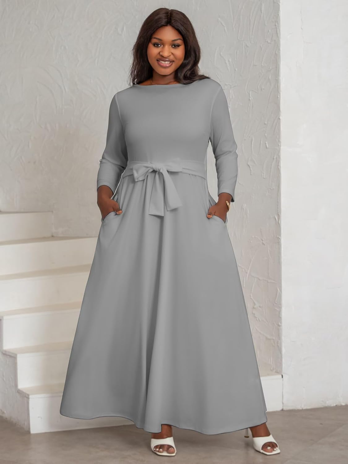 Plus Size Maxi Dress for Curvy Women with Belt Crew Neck 3/4 Sleeve Flowy Long Outfits Sizes L to 5XL - Image 7