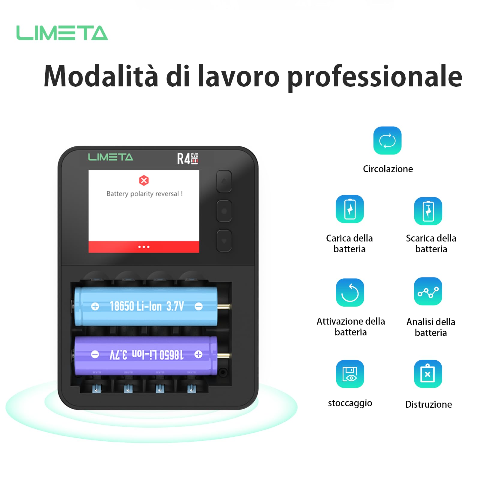 LIMETA R4EVO Carica Batterie Ricaricabili AA e AAA 18650 Ni-mh Li-ion Caricabatterie Rapido per pile Ricaricabili, Caricabatterie Intelligente con Display Funzioni di Scarica Analisi e Rigenerazione