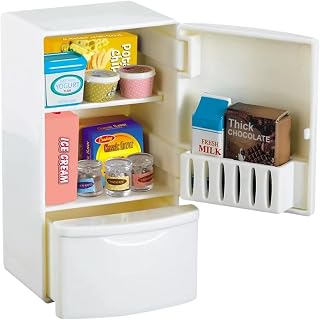 Family Dollhouse Refrigerator Set — Mini Fridge with Opening Doors, Interior Shelves, Milk Carton, Yogurt Tub, Ice Cream Cups & Topping Jars — Dollhouse Furniture & Accessories for Ages 3+