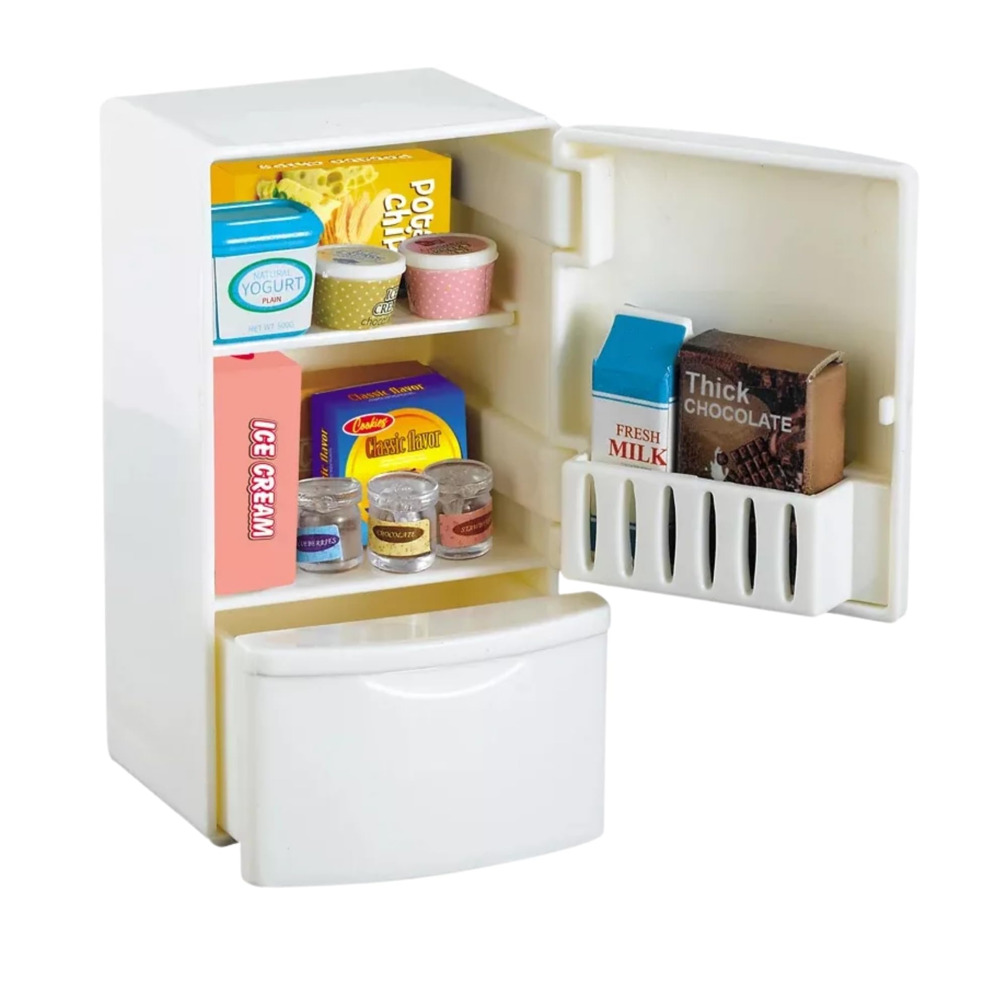 OLEOCA Family Dollhouse Refrigerator Set — Mini Fridge with Opening Doors, Interior Shelves, Milk Carton, Yogurt Tub, Ice Cream Cups & Topping Jars —