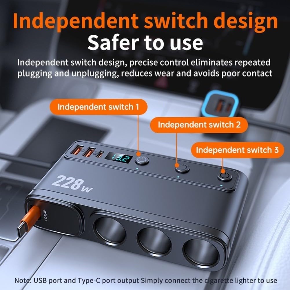 Chargeur de voiture répartiteur avec câble rétractable de 65 cm, adaptateur de charge rapide PD 45 W, double ports USB pour iPhone pour Samsung, distributeur d'alimentation de véhicule 12 V-24 V