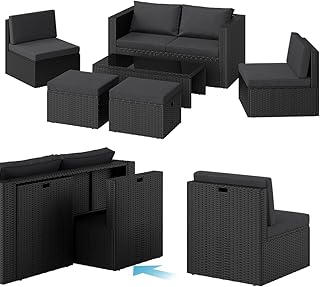 STEELSØN Noctura Rattan Gartenmöbel Set 6-TLG. – Gartenlounge mit Sofa, Sessel, Tisch & Hocker – Sitzgruppe Outdoor schwarz/anthrazit Garten/Balkon/Terasse – Sitzgarnitur Set Metallgestell wetterfest