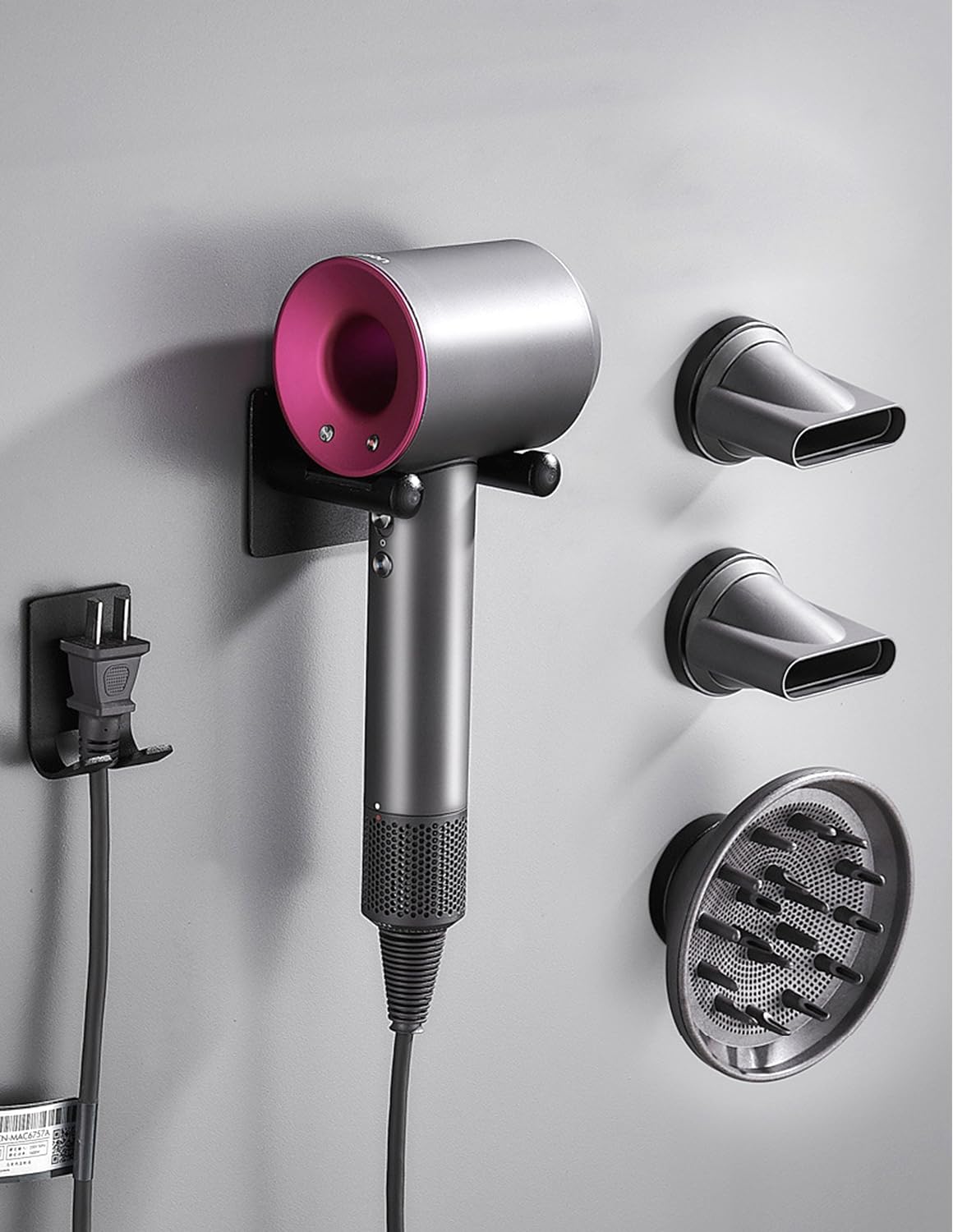 Porta Phon Compatibile con Dyson, Adesivo, Appendi Phon Bagno, Porta Asciugacapelli avec Rangement des câbles, Convient pour 3 embouts, en alliage d'aluminium