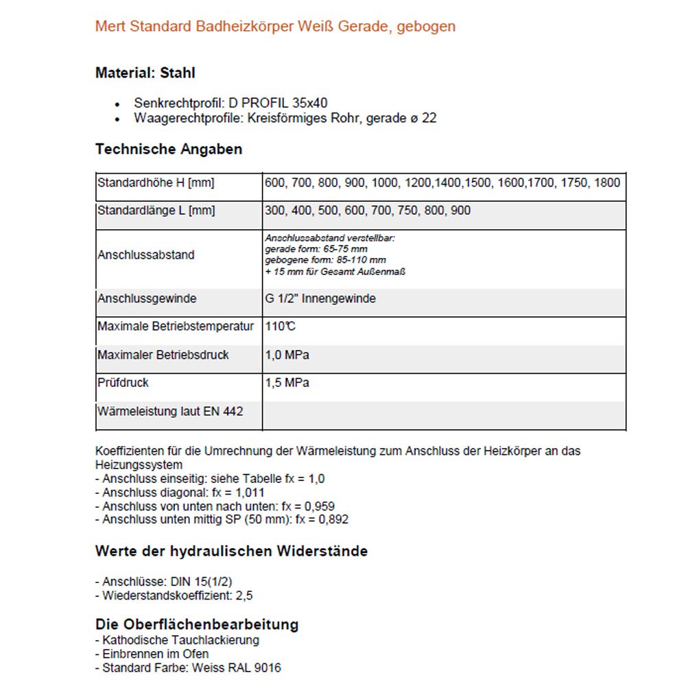 Mert Ogrzewanie elektryczne lub ciepłej wody 1/2 cala, grzejnik łazienkowy, 1800 x 300, przyłącze środkowe, 50 mm, biały, wieszak na ręczniki, do montażu na ścianie