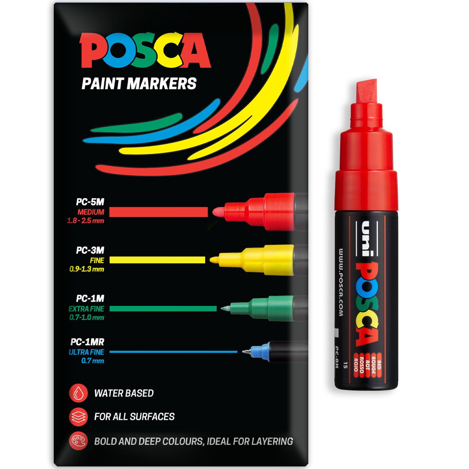Posca Water Based Acrylic Paint Marker Pens | Multi Surface Use Permanent Paint Pen | Pack of 1 in Envelope Gift Packaging | Glass, Fabric, Wood etc | Chisel Tip PC-8K, Red