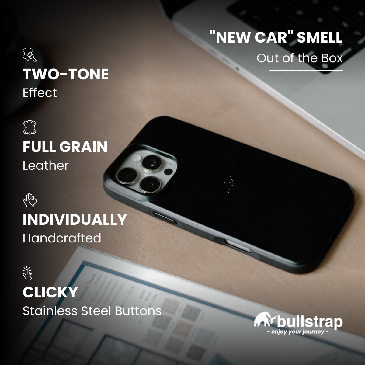 Bullstrap Flex Leather Case for iPhone 16 Pro Max w/TPU Rim for Extra Corner Protection | MagSafe Compatible Premium Full-Grain iPhone 16 Pro Max Leather Case w/Beautiful & Unique Patina | Black