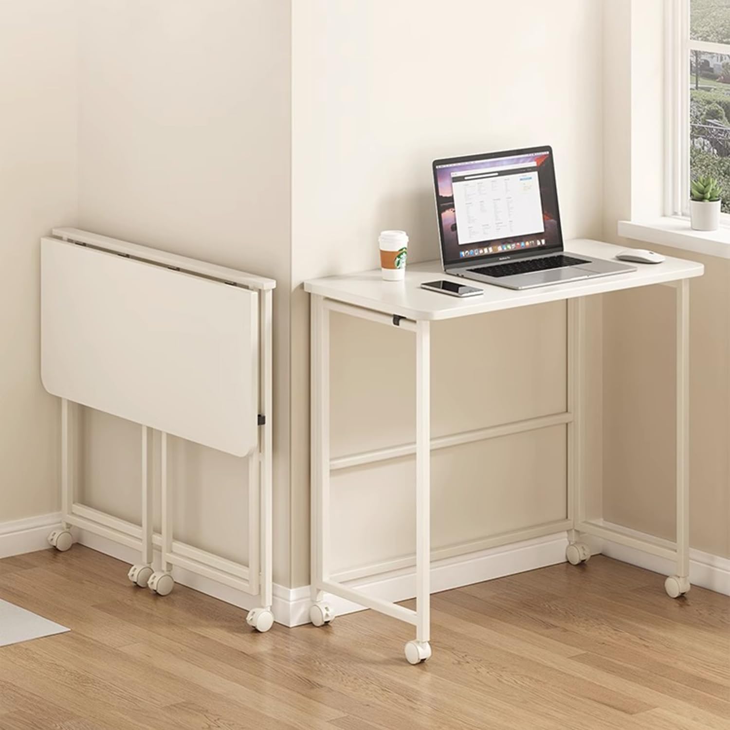 Nisorpa Escritorio plegable con ruedas, escritorio plegable para computadora para oficina en casa, mesa plegable pequeña sin montaje, 80 x 40 x 75 cm, color blanco roto