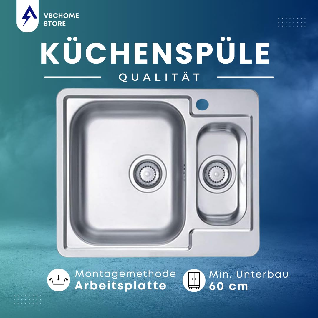 VBChome: Lavello da incasso, 615 x 500 mm, da campeggio, con struttura in lino Alveus Line 50, lavello in acciaio inox, da campeggio, 1,5 vasche