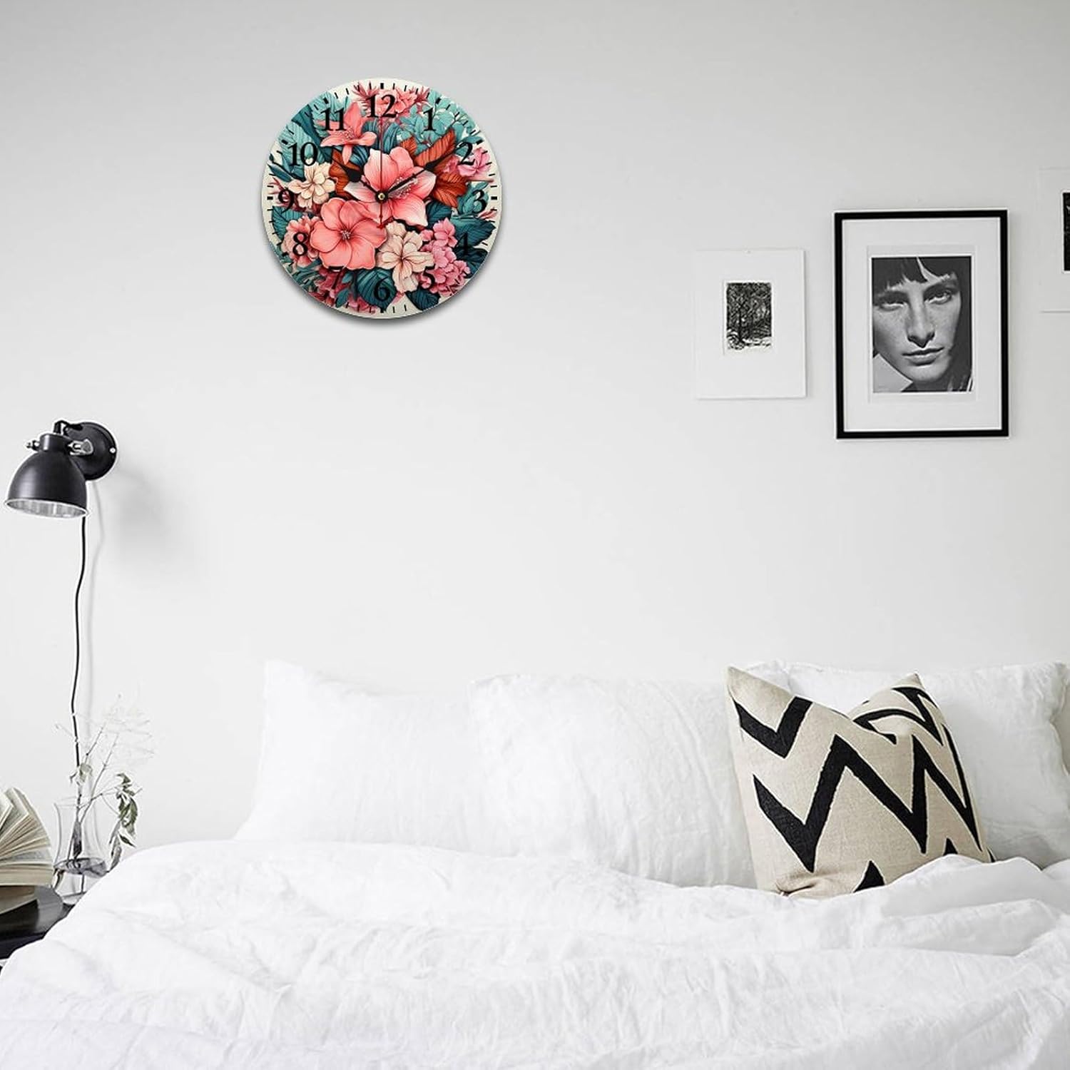 16 Inch Clock Green Leaf with Tropical Flowers and Cactus Wooden Battery Operated Quartz Quiet Arabic Numeral Green Cactus Tropical Summer Plants Wall Clocks Living Room Office