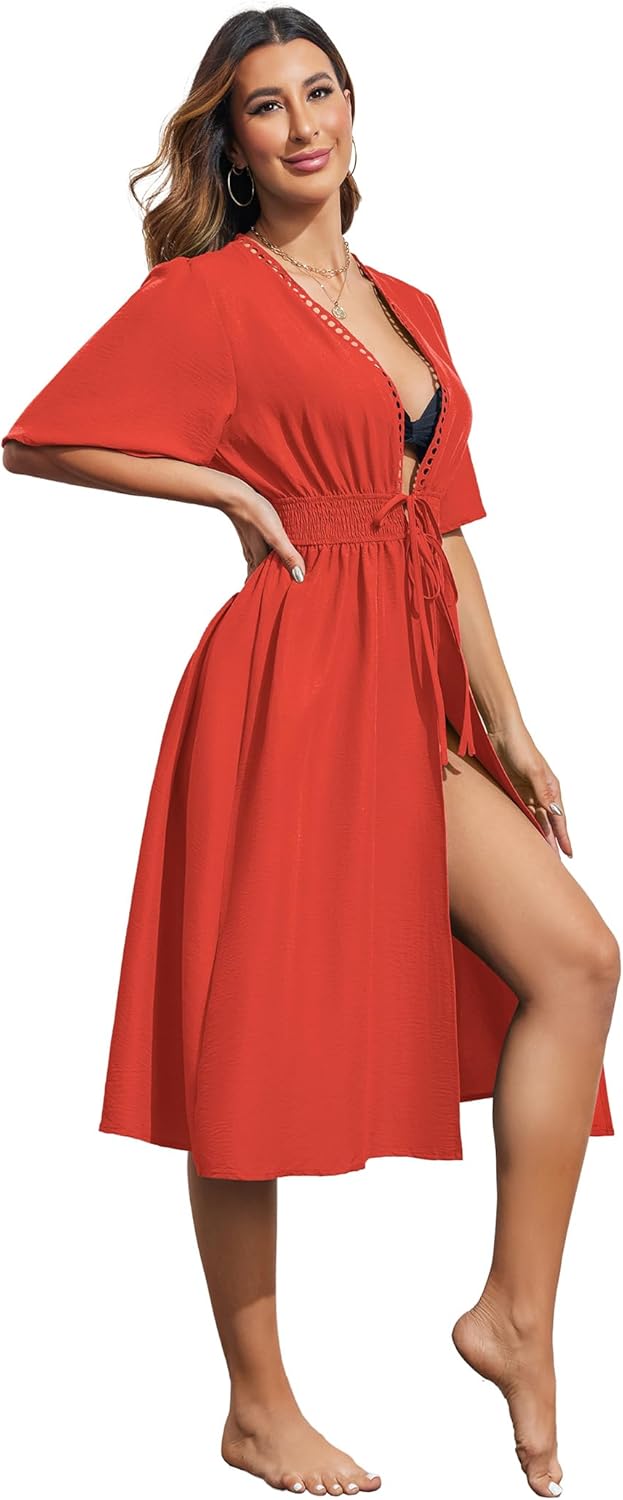 Ekouaer Women's Swimwear Cover Ups Sexy Open Front Beach Bikini Swimsuit Kimono Cardigan Cover Up Long Flowy Beachwear - Image 4