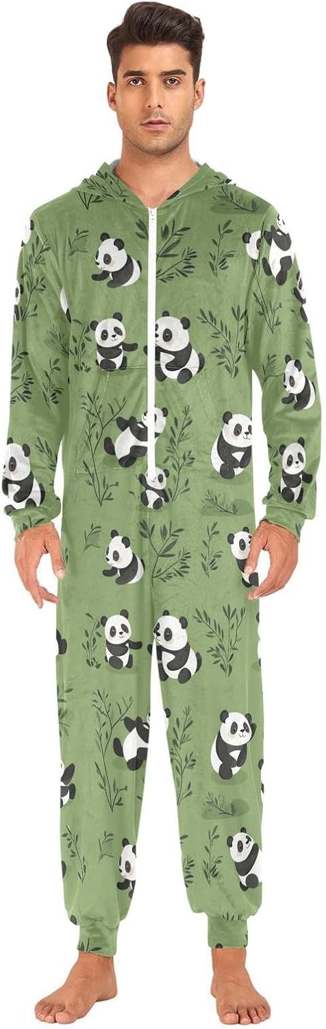 ZZKKO Pandas Playing on The Grass Adult Onesie Pajamas for Women Men Cozy One Piece Pajamas Costume Zip-Up Hooded S-XL