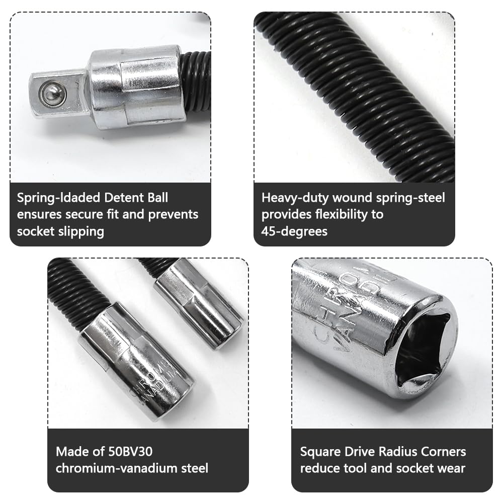 YDHfdc 3 Pcs Flexible Extension Bar Set 1/2" 1/4" 3/8" Flexible Screwdriver Extension Drive Socket Extension Bar Set for Electronic Drill Screwdriver - Image 3