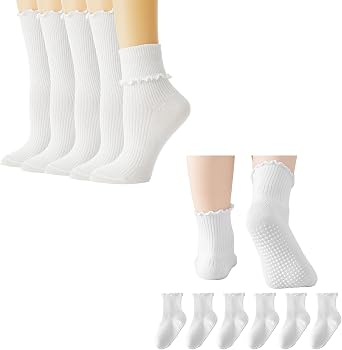 BISOUSOX White Ruffle Socks for Girls, Baby Girl Toddler Grip Socks Cute Grippy Frilly Dress Sock 0-6 6-12 Months 1-5T 8-12Years