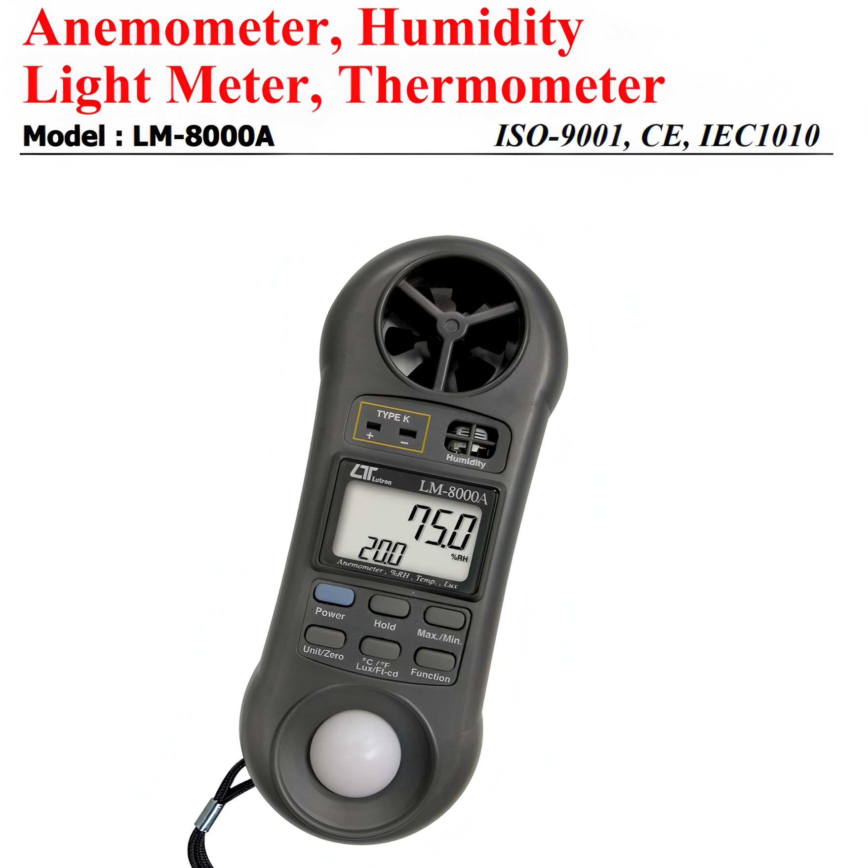 i-POOK 4 IN 1 Anemometer Humidity Light Meter Thermometer LM-8000A 4-in-1 Environmental Meter High Accuracy and Resolution Memory Recall Function Data Hold Function Environmental Monitoring