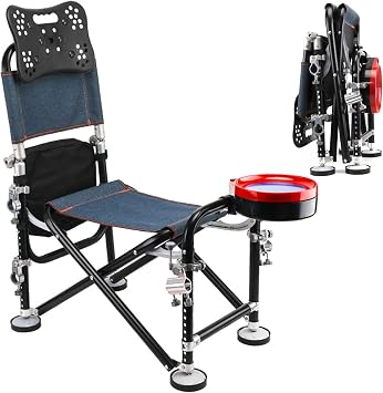 Tuelaly Portable Folding Fishing Chair with Rod Holder, Adjustment Fishing Chair with Backrest,Heavy Duty Camping Chair for Fishing Camping or Leisure,Support 300 LBS Black