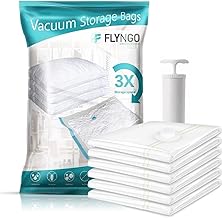 FLYNGO Polypropylene Reusable Ziplock Vacuum Storage Space Saver Bags For Clothes With Travel Hand Pump-Pack Of 5,White