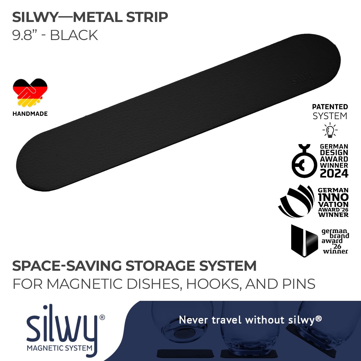 silwy metalowa listwa na okulary magnetyczne – do bezpiecznego, oszczędzającego miejsce przechowywania okularów magnetycznych – przyciąga wzrok, idealna na kemping i do pływania (25 cm // mała)