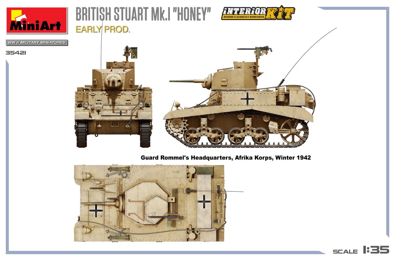 MiniArt 35421 1:35 Brit. Stuart Mk.I con interno – riproduzione fedele all'originale, modellismo, kit di costruzione in plastica, artigianato, hobby, incollaggio, modellismo, assemblaggio, non