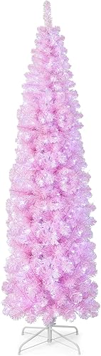 HAPPYGRILL Árbol de Navidad artificial preiluminado de 7 pies, árbol de lápiz con bisagras con 670 puntas de rama, 350 luces LED de color blanco