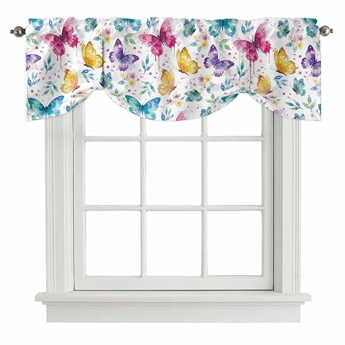 Watercolor Country Butterflies Tie Up Valance Curtains, Spring Flowers Art