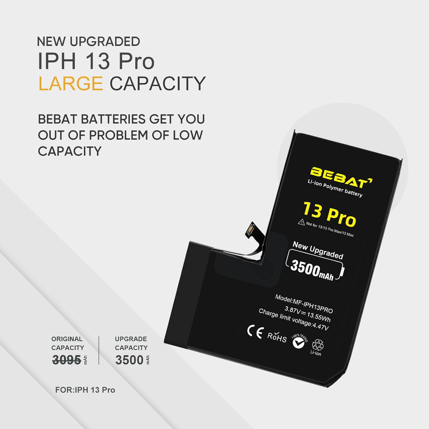 Replacement for iPhone 13 Pro Battery, 3500mAh High Capacity Li-ion Polymer Replacement Battery for Model A2640 A2639 A2638 A2636 A2483 with Professional Repair Tool Kits
