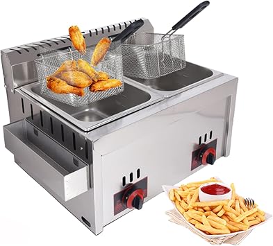 20 Liters Commercial Gas Fryer, Double Tank Deep Fat Fryer Stainless Steel French Fries with Lids and Basket for Restaurant Home Kitchen